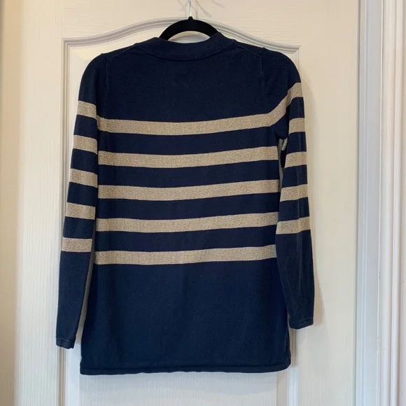 Michael Michael Kors Navy & Gold Striped Knit Top (S) | Grommet V-Neck Detail | - Picture 2 of 7